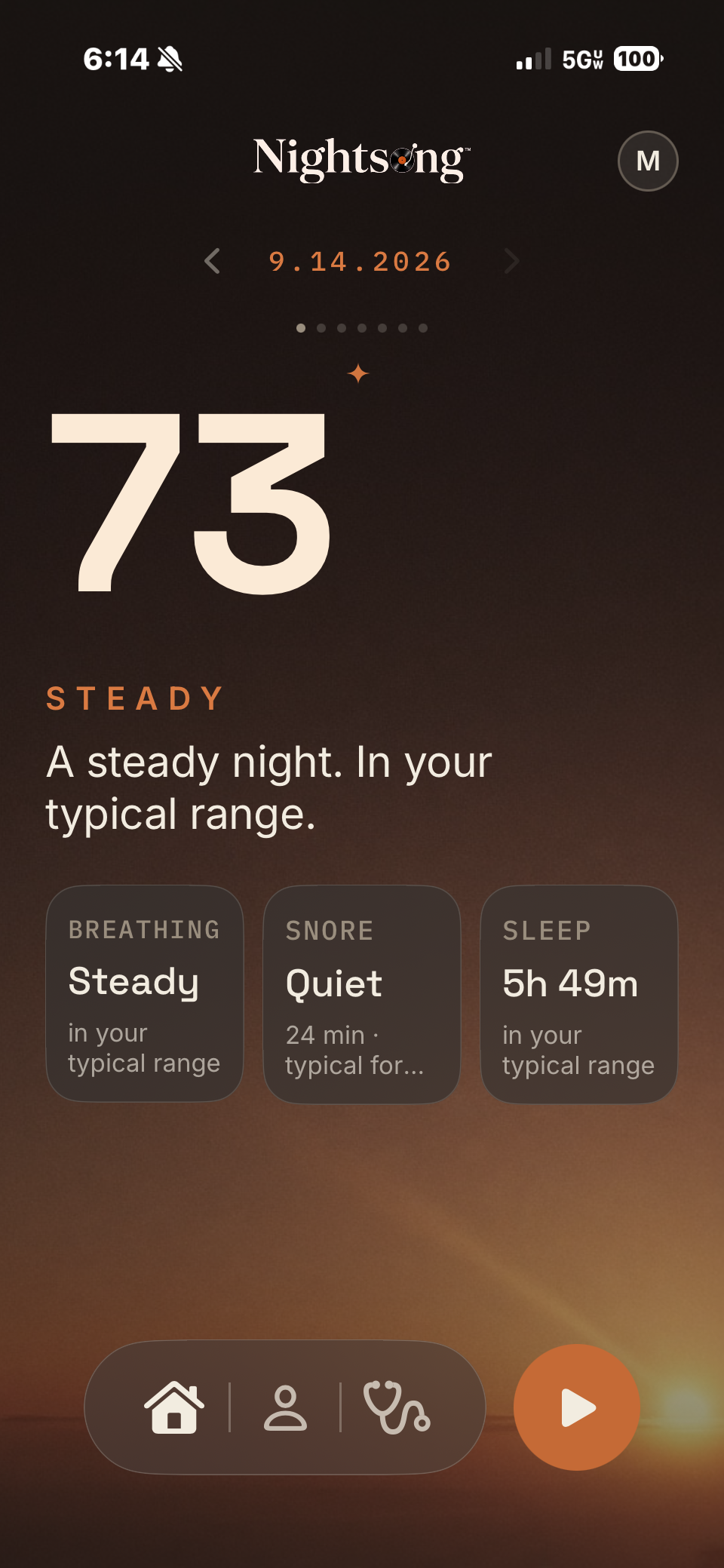 The Nightsong Home screen in the morning: a Somnus Index of 73 labeled Steady, the line A steady night, in your typical range, above cards for breathing, snore and sleep.