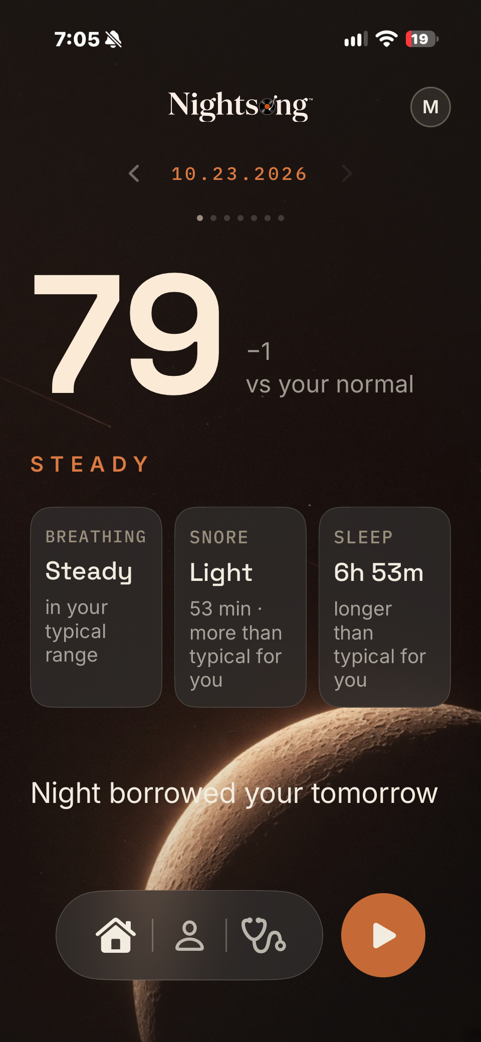 The Nightsong Home screen in the morning: a Somnus Index of 79, minus 1 versus your normal, labeled Steady, above equal cards for breathing, snore and sleep, and the line Night borrowed your tomorrow.