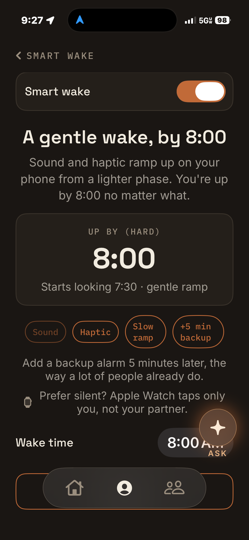 The Nightsong Smart Wake screen: a gentle wake by 8:00 with a sound and haptic ramp, a hard stop at the time you set, and a 5 minute backup alarm.