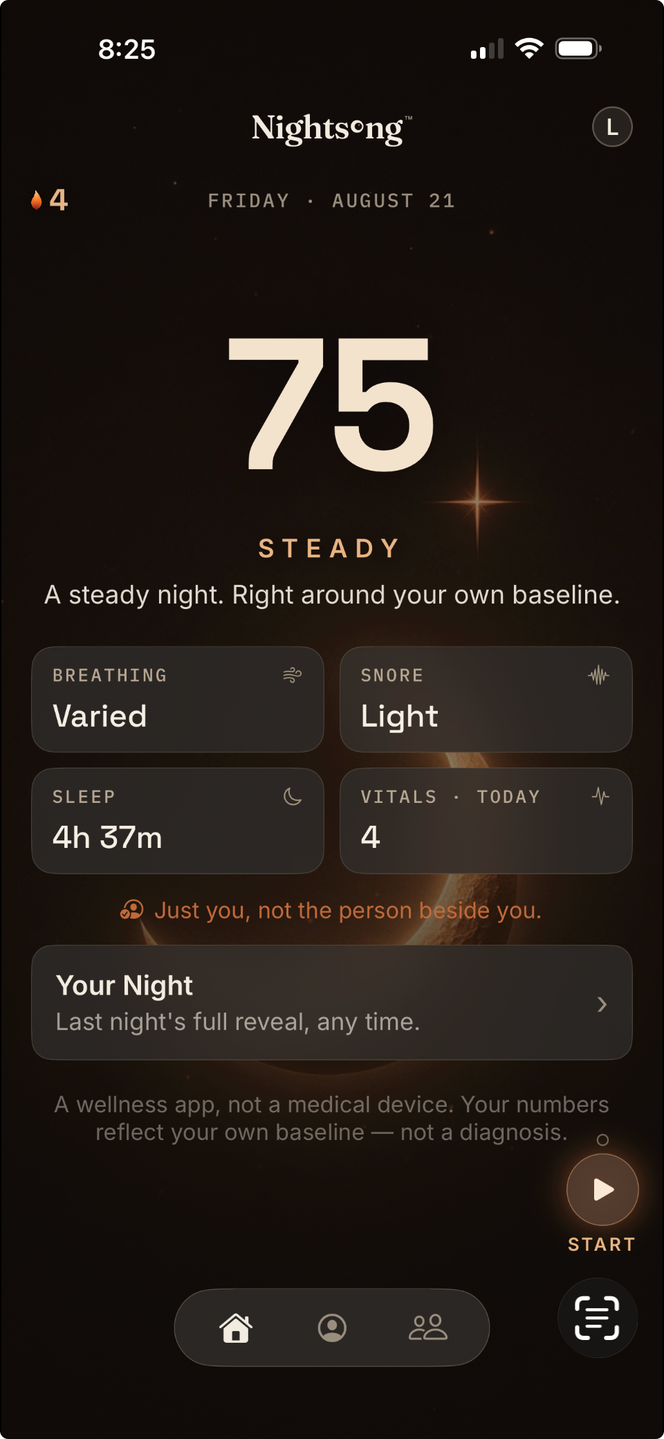 The Nightsong Today screen: a Somnus Index of 75 labeled Steady, above cards for breathing, snore, sleep and vitals.