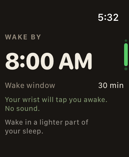 The Nightsong Apple Watch Smart Wake screen: Wake by 8:00 AM, a 30 minute wake window, waking with a wrist tap and no sound, in a lighter part of your sleep.