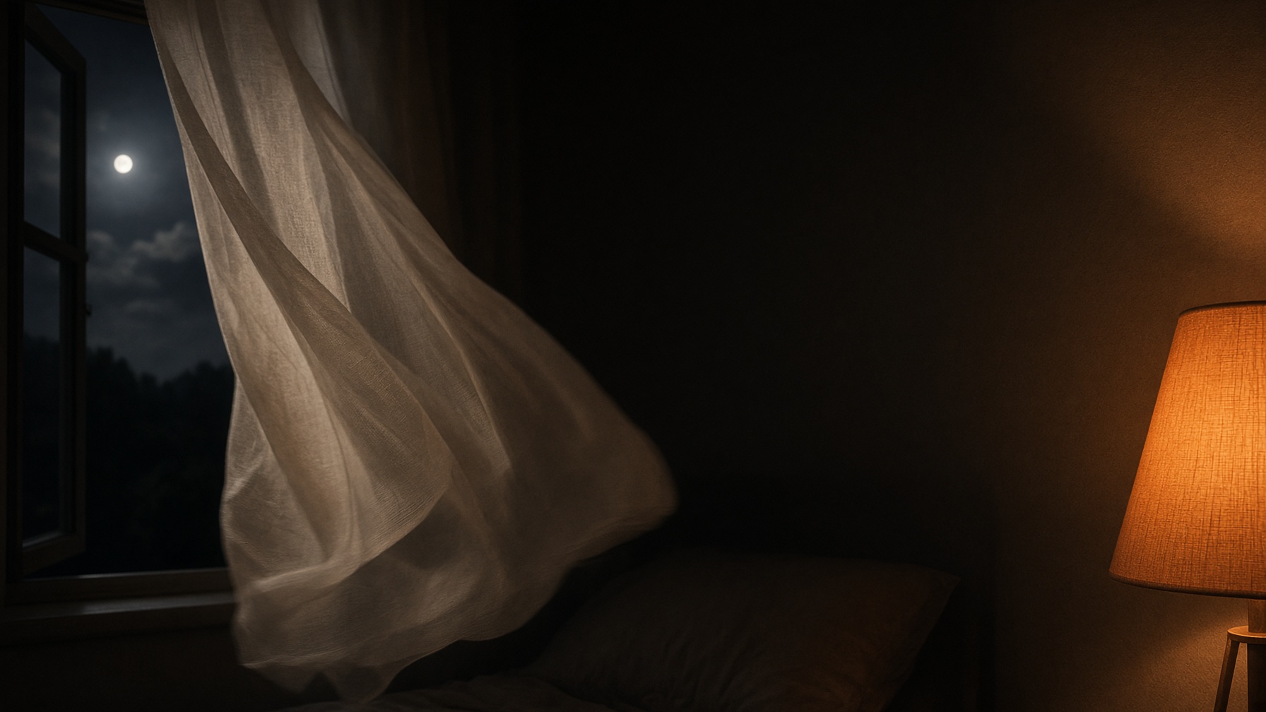 A sheer curtain fluttering in a night breeze beside an open window.