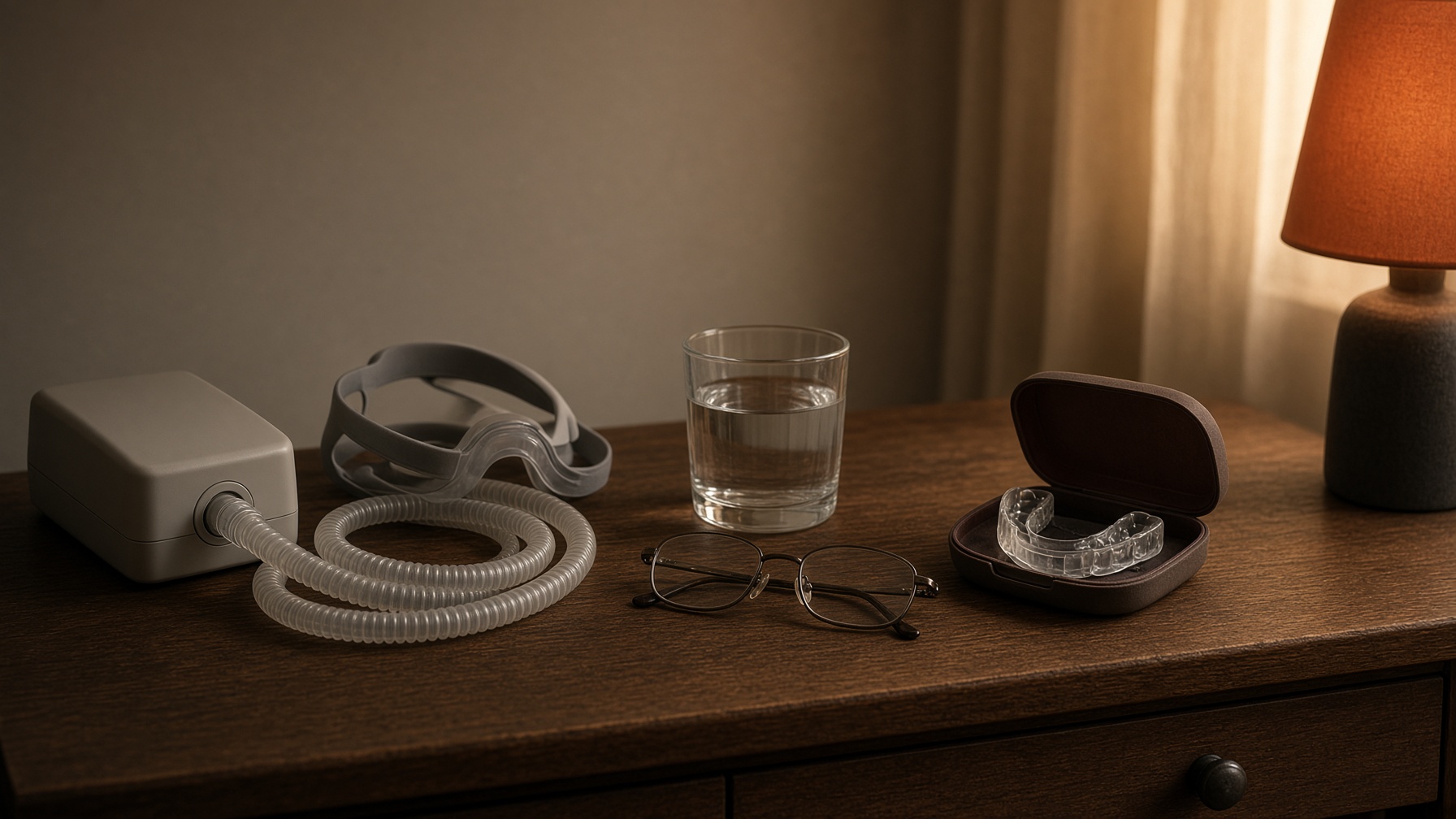 A CPAP mask and a custom oral appliance side by side on a nightstand in morning light.