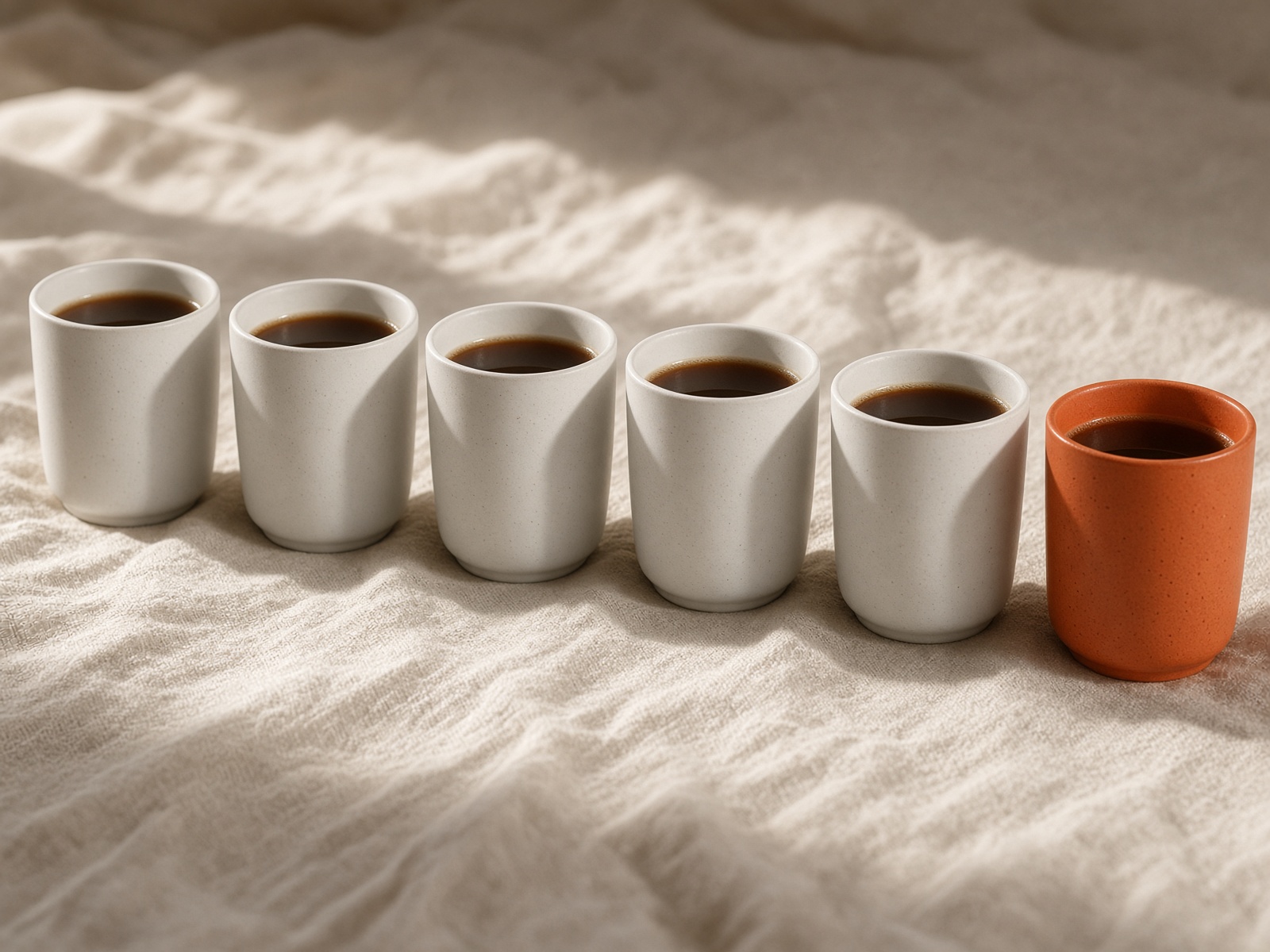A row of coffee mugs in morning light, one burnt orange.