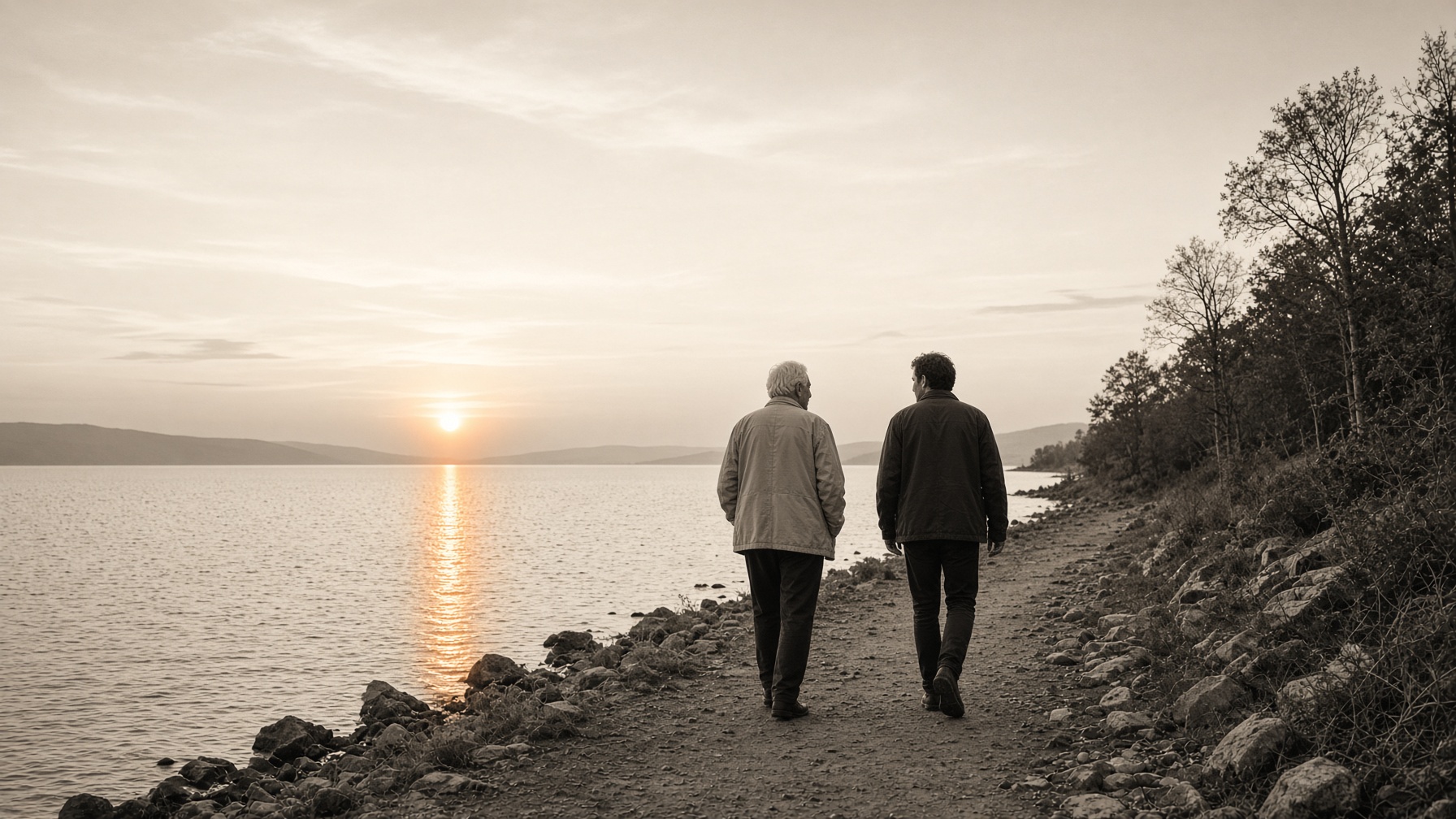 Two adults of different generations walking a lakeshore path at sunrise.