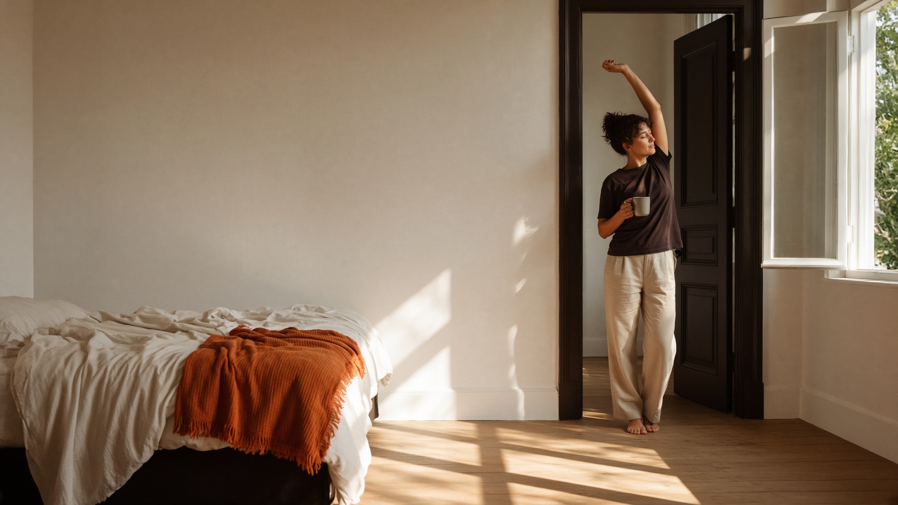 A person stretching in a sunlit bedroom doorway in the morning.