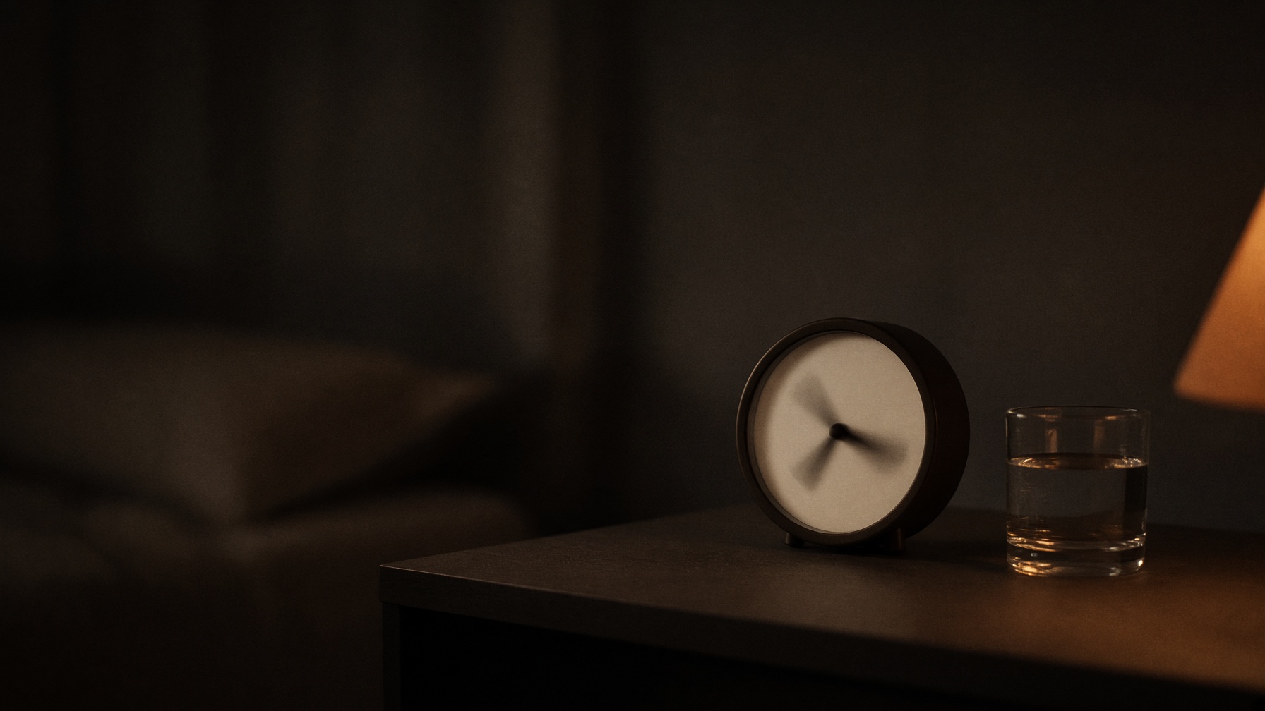 A bedside clock and glass of water at night, long exposure.