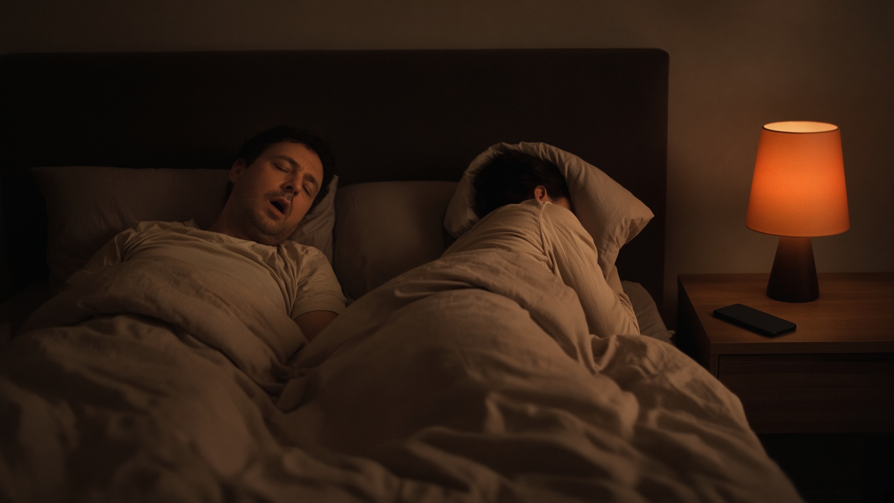 A couple in bed at night; one sleeps on their back, the other covers an ear with a pillow.
